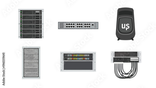 IT and Network Hardware Collection: Servers, Switches, and Data Center Equipment on White