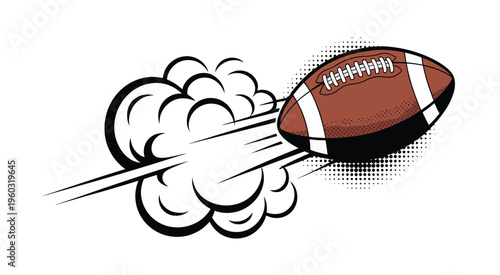 Football comic pop art illustration, ball flying through clouds with dynamic movement, retro vector style, bold outlines, and transparent background for action-themed sports visuals.