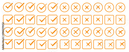 Right, wrong, tick, cross, checkmark, exclamation, question mark icons set in colorful outline and solid vector illustration.