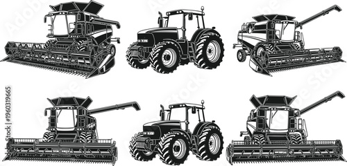 Black-and-white silhouette illustration of tractors and combine harvesters showcasing modern agricultural machinery, symbolizing farming equipment artwork, agriculture design, industrial creativity