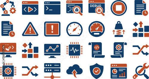 Collection of twenty-seven software development process icons depicting automation testing performance and debugging functions