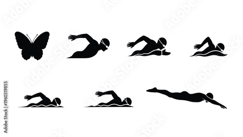 Swimming Stroke Silhouettes Set with Butterfly Icon. Diverse swimmer figures in various styles like freestyle and backstroke. Sport vector graphics.