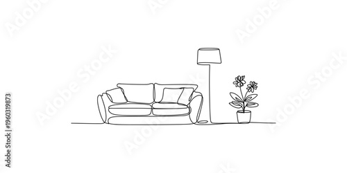 Continuous line drawing of a sofa with a lamp and a potted plant couch furniture