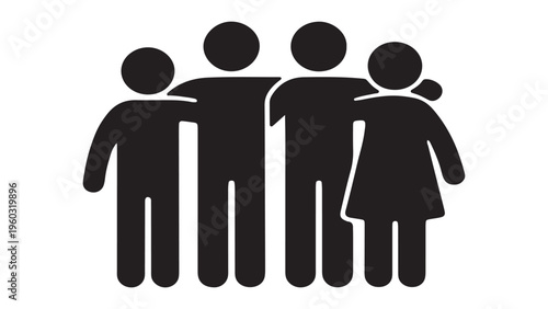 Group of four people piktogram icon, representing community support, social gathering, and togetherness.
