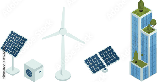 Isometric clean energy concept, solar panels, wind turbine, green buildings, sustainable city, renewable power technology, eco friendly urban future illustration