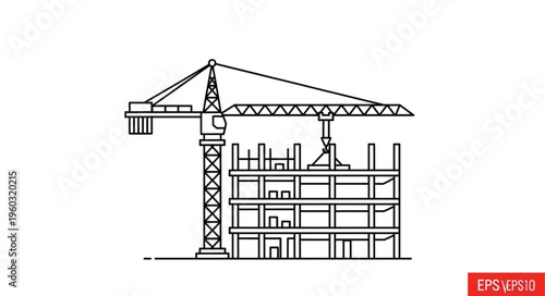 Construction site with a crane building a multi-story building, line art.