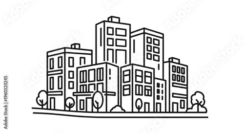 Urban architectural landscape featuring a cluster of modern buildings and structures.