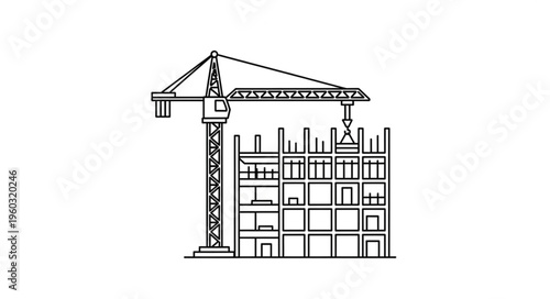 Construction crane lifting materials for building a new structure, architectural design.