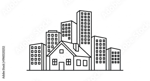 A detailed illustration of a house surrounded by city buildings, contrasting rural and urban life.