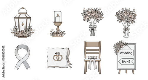 Illustration of various wedding decorations and symbols including lanterns, flowers, rings, and a chair on a clean white background.