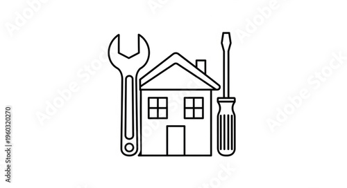 Home repair and maintenance concept with tools and house illustration.