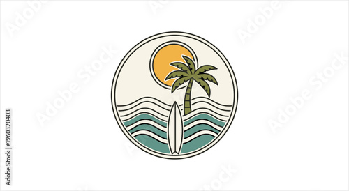 Tropical Beach Surf Scene with Palm Tree and Ocean Waves.