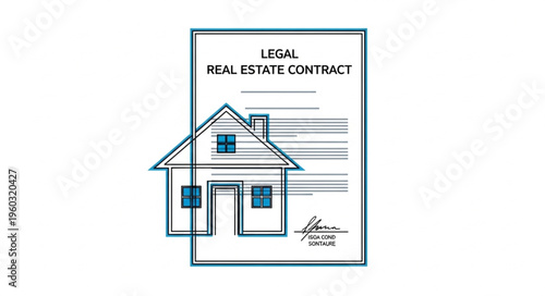 Real estate contract document with house outline, legal agreement concept, property purchase.