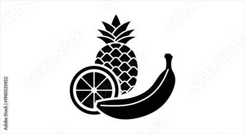 Tropical Fruit Medley Silhouette Pineapple Orange Banana Icon.