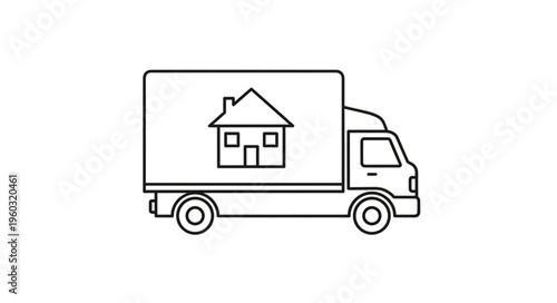 Moving truck illustration with a house symbol, representing relocation and home transport services.