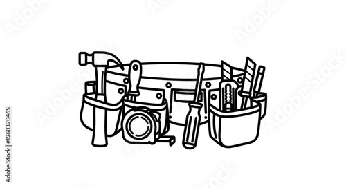 Black and white illustration of a carpenters tool belt with various tools.