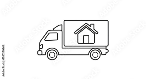 Moving truck illustration depicts home relocation and residential transport services.