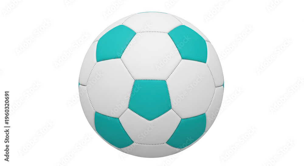 Fototapeta premium 3D Render of a White and Turquoise Soccer Ball Isolated on Transparent Background, Sports Equipment, High Detail, Realistic Texture