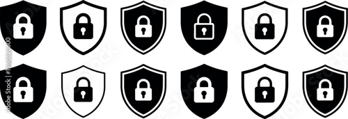 Lock icons unlock vector set tick cross shield security symbols outline solid styles black white design privacy concept
