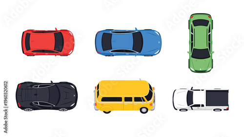Top view collection of diverse transportation vehicles: cars, van, SUV, and pickup truck on white background