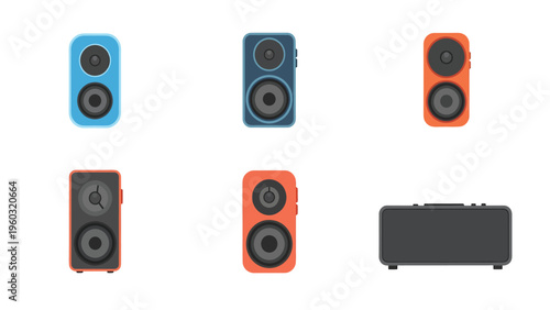 Set of diverse colorful flat design audio speaker icons and sound systems isolated on white background, modern technology illustration