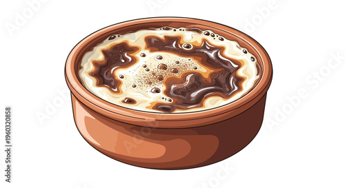 Creamy dessert in terracotta bowl, sweet, baked, food illustration