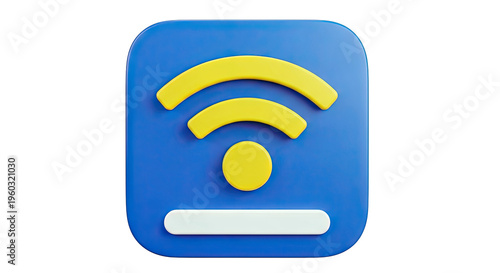 3D Wi-Fi Icon with Yellow Arcs on Blue Background