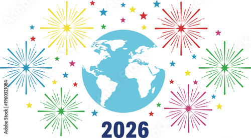 Happy New Year 2026 celebration with colorful fireworks around world globe festive holiday greeting global event vector illustration