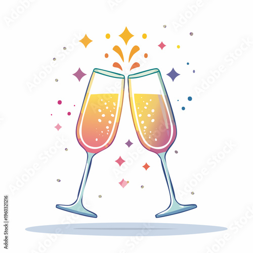 Festive Champagne Glasses Toasting with Sparkling Bubbles and Colorful Confetti