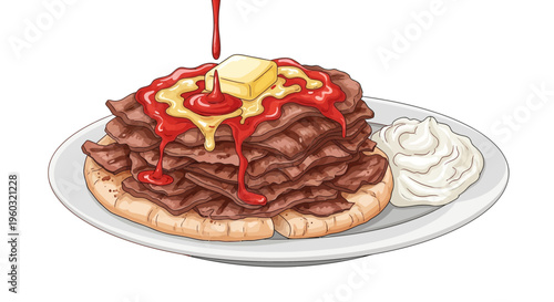 Stack of Meat on Bread with Syrup and Butter, Whipped Cream Side