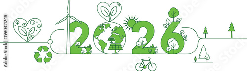 Green 2026 eco lifestyle concept with renewable energy recycling nature elements bicycle sustainability environment future vector illustration