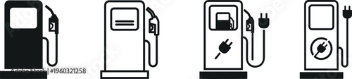 Gas Station and Electric Vehicle Charging Station Icon Set Featuring Vector Line Art and Silhouette Designs for Fuel and Energy