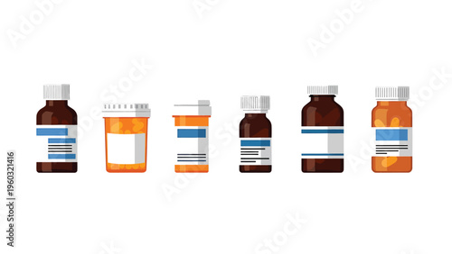 Flat vector illustration of various medicine and pill bottles with blank labels, isolated on white background