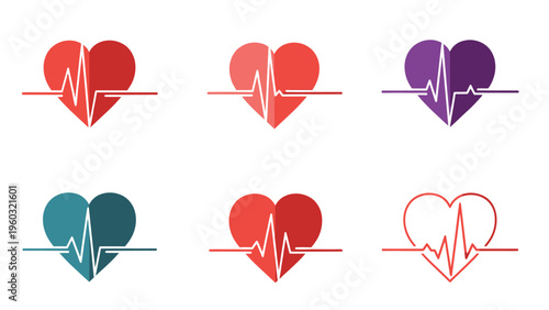 Heartbeat ECG Icons Set. Medical, Health, Love, and Vitality Symbols in Various Colors.