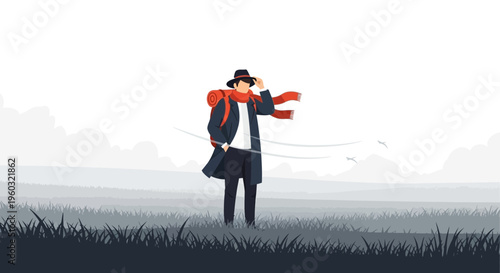 Lone Traveler Facing the Winds of Adventure in a Misty Landscape