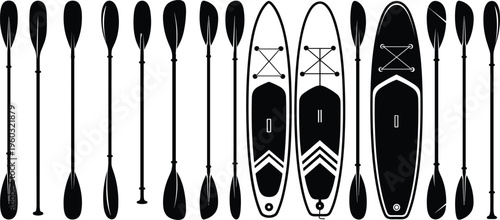Vector Silhouette Collection of Stand Up Paddle Boards and Oars Featuring Various SUP Designs for Summer Water Sports and Recreation