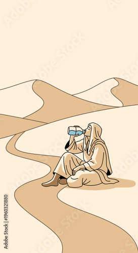 Lone Traveler Quenches Thirst Amidst Vast Desert Dunes