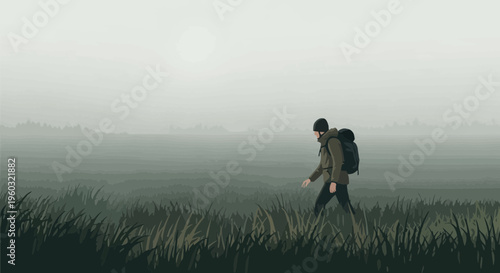 Lone Traveler Navigating a Misty Meadow at Dawn