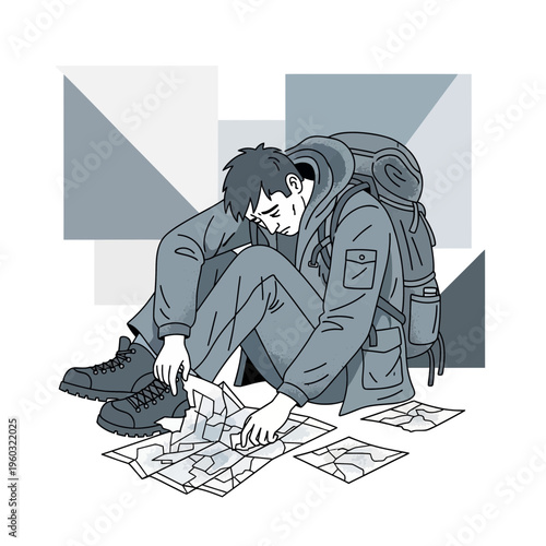 Lost Traveler Pondering Map Outdoors During Expedition Adventure