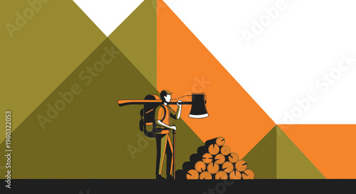 Lumberjack Carrying Axe and Wood With Geometric Mountain Background