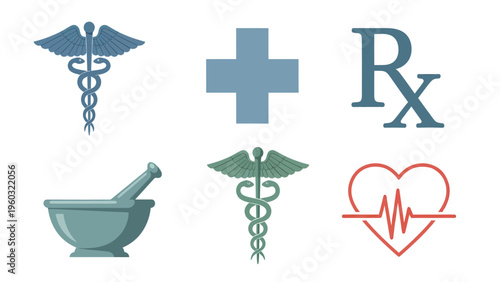 Healthcare & Pharmacy Symbols: Caduceus, Medical Cross, Rx, Mortar & Pestle, Heartbeat Line Icons Collection