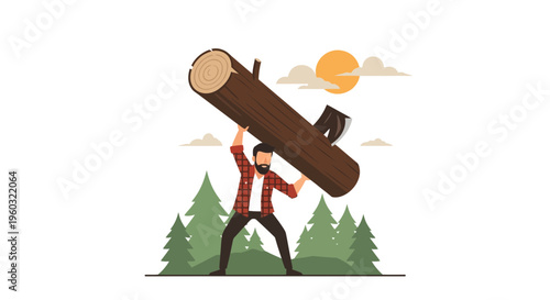 Lumberjack Carries Massive Log Amidst Forest Sunset Scene