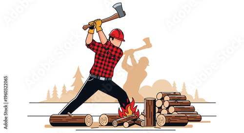 Lumberjack Chopping Wood By A Campfire In A Forest Setting