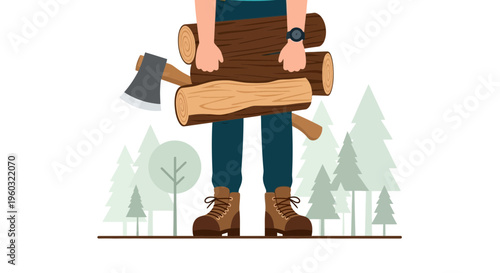 Lumberjack Carrying Wood And Axe With Forest Background
