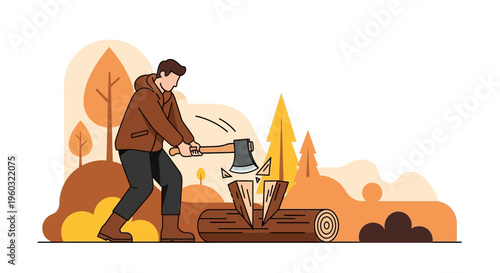 Lumberjack Chopping Wood In Autumn Forest Flat Illustration