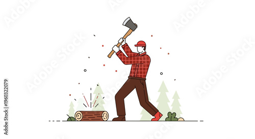 Lumberjack Chopping Wood In Forest With Ax