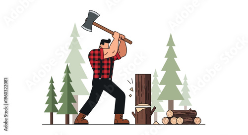 Lumberjack Chopping Wood In Forest With Axe