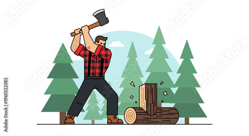 Lumberjack Chopping Wood In Forest Scene With Pine Trees