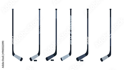 Collection of Ice Hockey Sticks and Pucks. Flat design vector illustration of sports equipment isolated on white background.