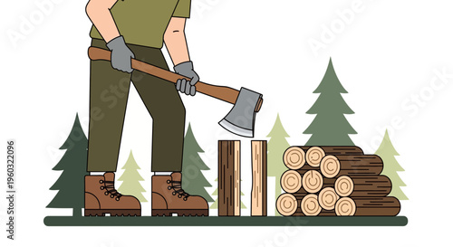 Lumberjack Chopping Wood Preparing Firewood For Winter Season Forest Scene